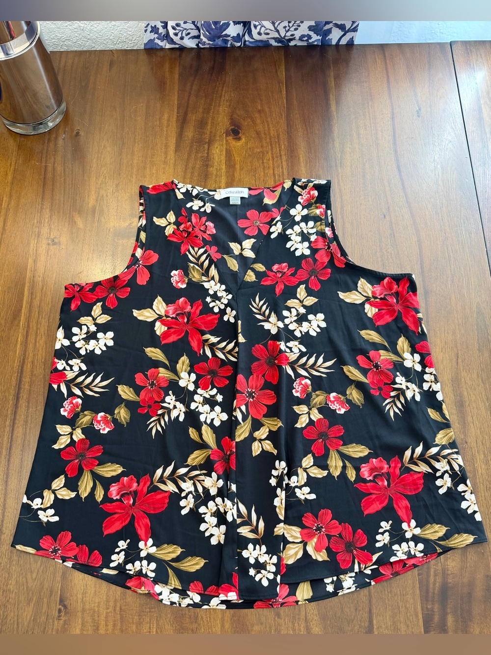Calvin Klein Sleeveless Floral V-Neck Top in Black and Red -